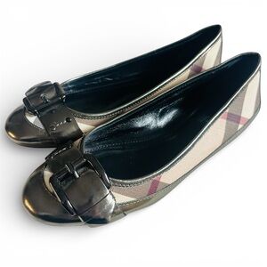 Burberry Nova Check Ballet Metallic Leather Trim Aged Silver Gunmetal Buckle